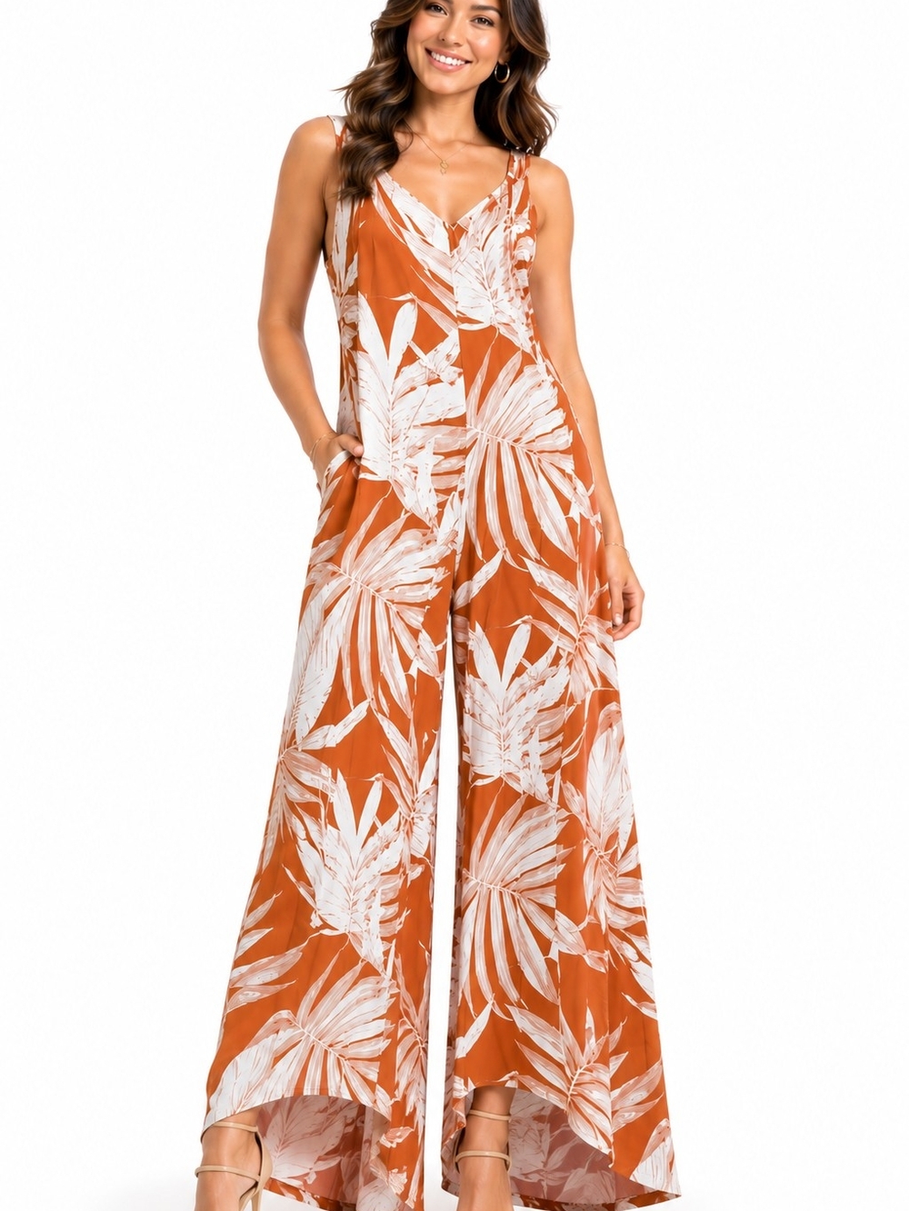 Vince Camuto Burnt Orange White Tropical-Leaf Wide-Leg Jumpsuit Small